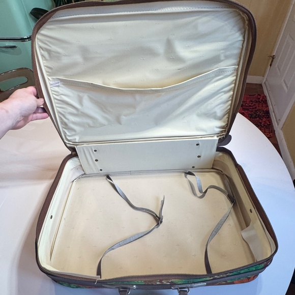 Vintage 60s soft case fabric suitcase, groovy brown, green floral, Japan luggage - Picture 8 of 12